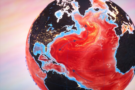 Isometric globe diagram illustrates warm red ocean currents overtaking cool blue currents across the Pacific in flat vector infographic style, el nino concept