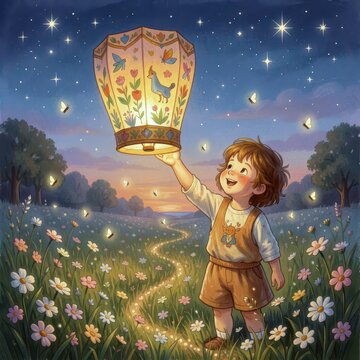A little boy releases a beautifully decorated Chinese lantern into the night sky, as fireflies dance around him in a flowering meadow beneath a starry backdrop