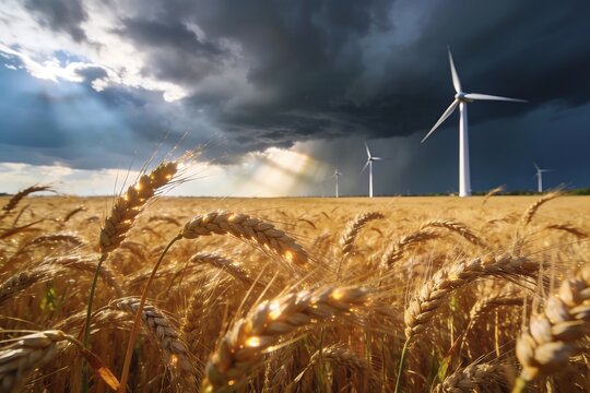 Golden wheat bends beneath dramatic storm clouds as wind turbines stand distant with sunbeams illuminating the sustainable agricultural field