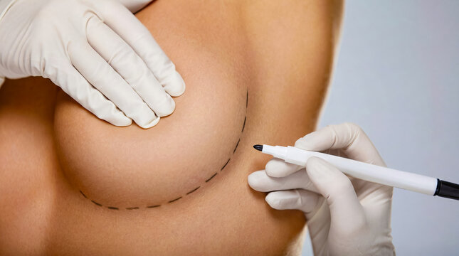 Surgeon uses a pen to mark the chest of a patient before performing breast augmentation. The operation room is clean with a neutral backdrop