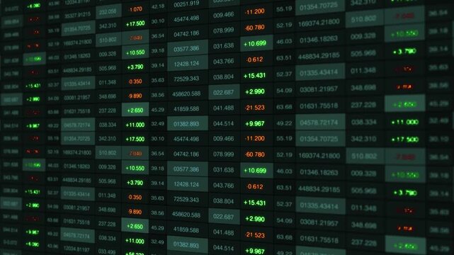 A Detailed Display of Stock Market Analytics with Color-Coded Numbers Reflecting Performance Changes in a Financial Overview on a Dark-Themed Background