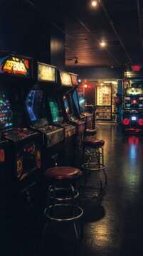 Retro arcade with vintage game machines and stools mobile wallpaper.