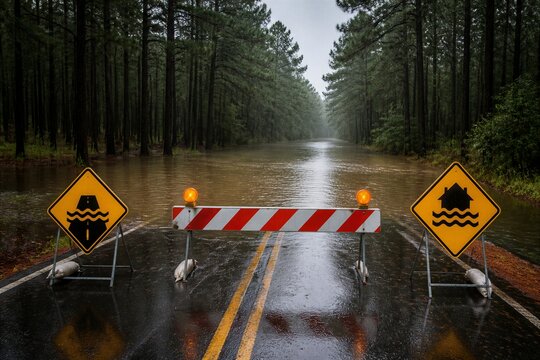 Road barricade blocking flooded forest road during heavy rain