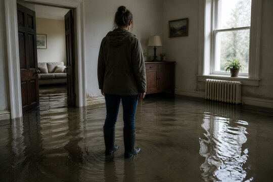 Woman standing in flooded living room inside house