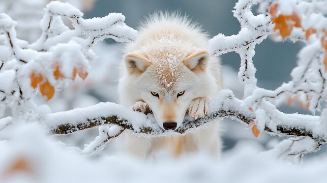 Pale wolf in snowy winter scene