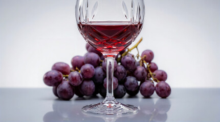 Fototapeta premium Red wine fills crystal glass while fresh grapes sit nearby. Simple setting with white table creates focus on drink and fruit. Concept of wineries, restaurants, bars