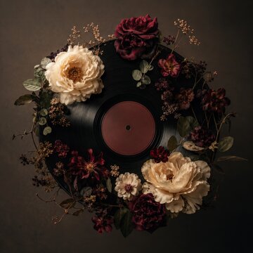 Elegant Floral Vinyl Record Composition With Dark Romantic Botanical Vintage Style Artwork