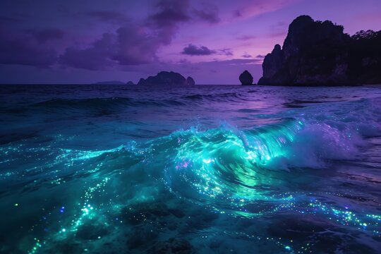 Bioluminescent plankton illuminate the tropical ocean in electric turquoise glow beneath purple twilight skies near distant rocky islands