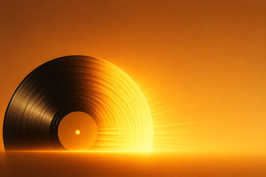 Music album cover, Vinyl Sunset, a record in the image of a golden sun setting into a golden sea, minimalist abstract design, ambient music, nostalgia, warmth and tranquility, golden reflections on th