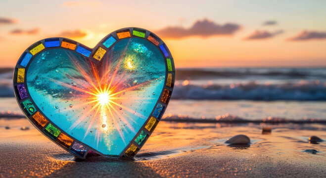A heart-shaped stained glass ornament glows with a radiant sunburst as golden-hour light reflects across wet sand and gentle waves, evoking love, warmth, hope and peaceful seaside romance.