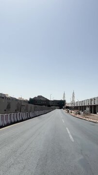 Road view driving towards the historic Masjid Al Qiblatain in Medina.