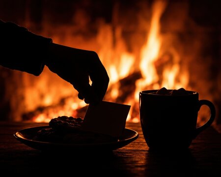 Hand placing note on plate of cookies with hot drink by burning fireplace