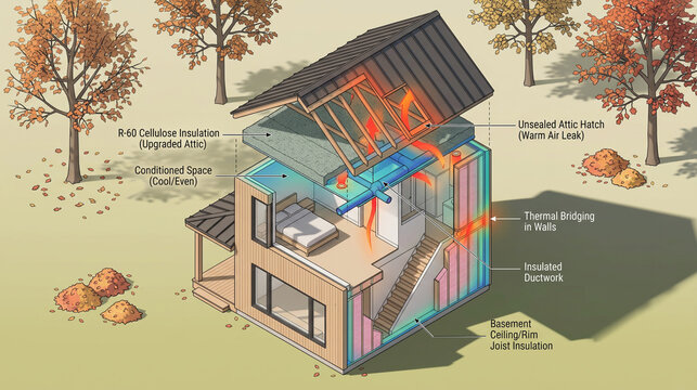 Axonometric Home Heat Flow Infographic Showing Insulation Routes