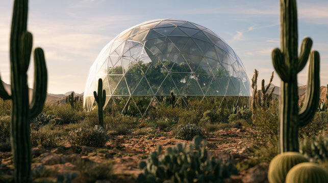 Vibrant Garden Inside Geodesic Greenhouse Dome In A Desert Seem From A Distance