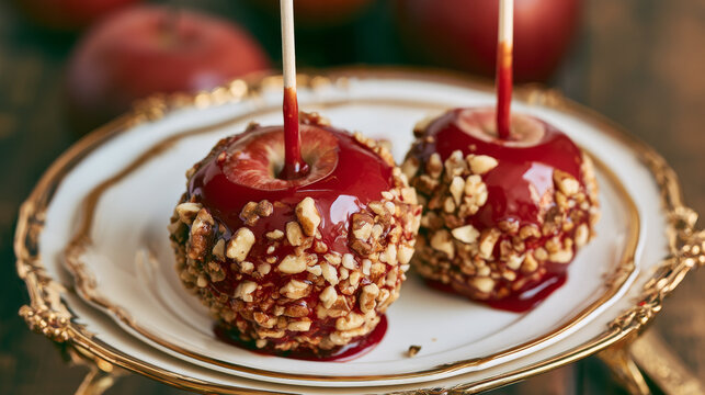 Two sweet, nutty, red glazed apples on sticks sit on an elegant serving plate white with gold trim. The apples are covered in nuts. Very vibrant and enticing