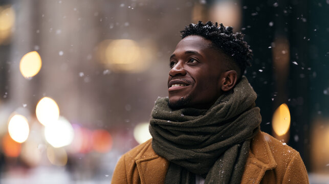 Snowflakes drift softly through the city air. Good looking young black African-American Man gazes thoughtfully, wrapped in warm tones. His coat and scarf offer comfort against the chill. Urban lights