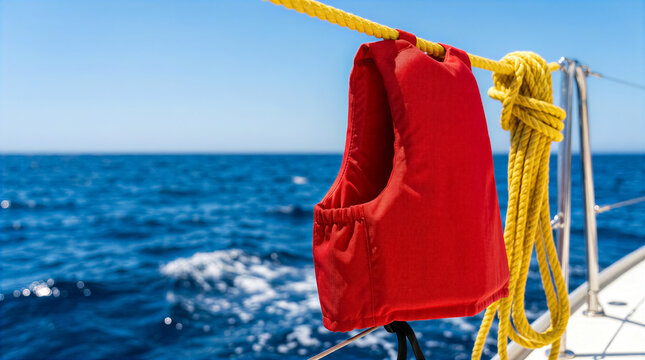 Red life jacket hangs on boat railing while waves gently ripple in open water. Bright sunny day adds vibrant feel to scene. Concept of boating safety, water sports, marine equipment