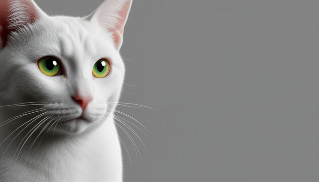 Close-up portrait of a white cat with green eyes on grey background