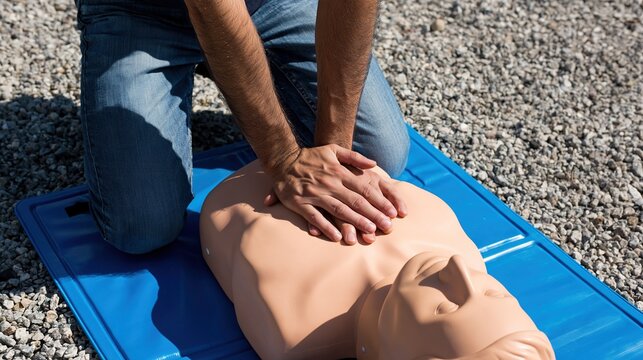 A diligent trainee performs chest compressions on a CPR training mannequin during an outdoor first aid course.