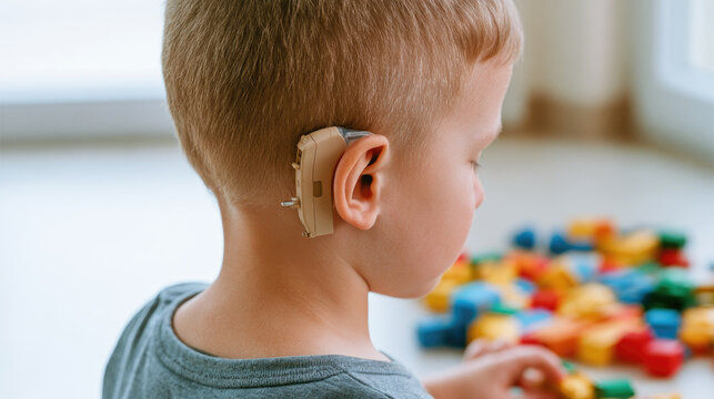 Child cochlear implant ear implant hearing aid playing block toy close up young toddler boy side view back view blonde hair beige skin child education development disability rehabilitation therapy