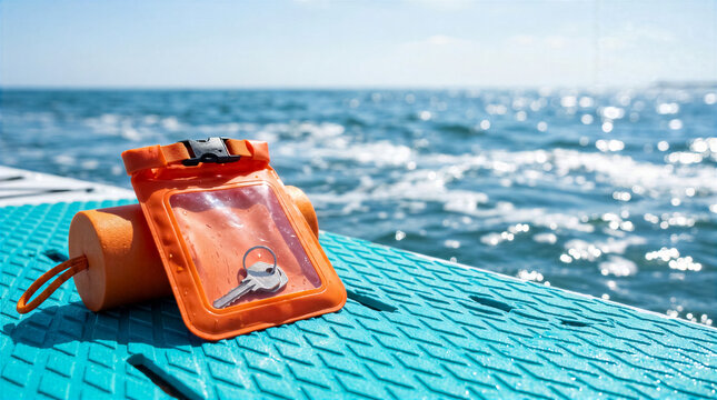 Waterproof pouch with keys placed on floating mat. Bright day with clear blue water and gentle waves. Concept of water sports, outdoor activities, beach equipment