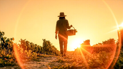 Obraz premium Woman walks through rows of grapevines during sunset holding basket. Warm light fills the sky. Concept of agriculture, wine production, outdoor work