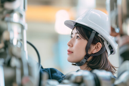 工場内で保守点検に取り組む女性技術者の横顔