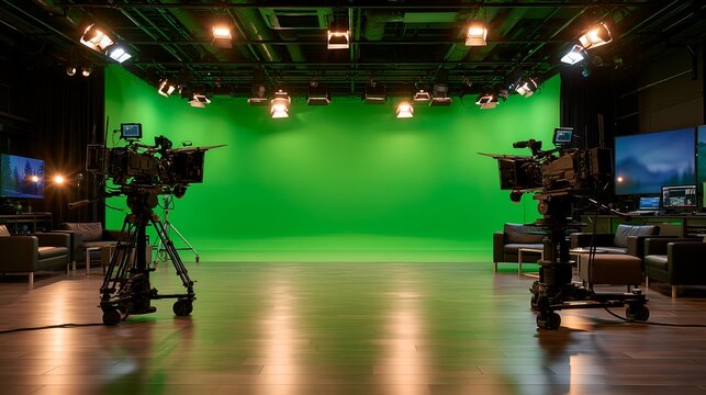 Professional video production setup with green screen and studio lighting.