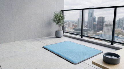 Obraz premium Blue mat sits on balcony with city view. Potted plant adds greenery to urban setting. Concept of home decor, outdoor living, apartment design