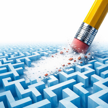 Conceptual pencil eraser removing blue maze walls, creative problem solving and strategy concept, yellow pencil clearing a path through complex labyrinth
