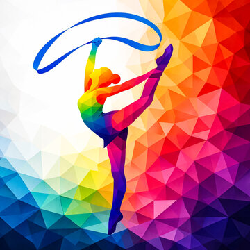 Rhythmic gymnastics athlete with ribbon, colorful low poly geometric silhouette, vibrant rainbow mosaic sports illustration, abstract artistic gymnast