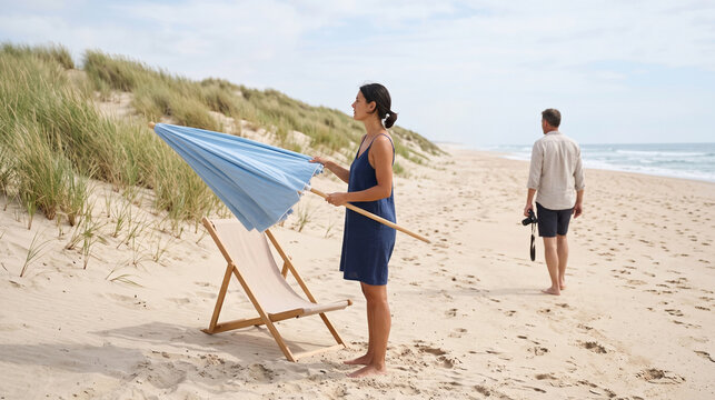 Beach visitor folds a sun umbrella for personal privacy