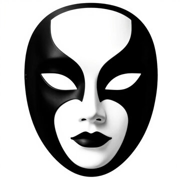 Venetian carnival mask with black and white harlequin pattern, theatrical masquerade face mask, dramatic porcelain disguise for opera and theater