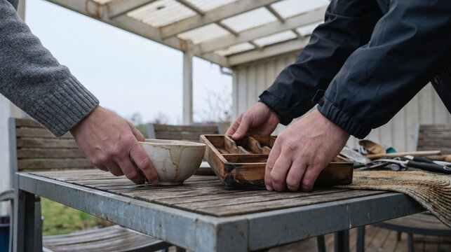 Hands assess water-damaged kitchen belongings for insurance claims