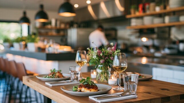 Elegant dining setup with wine, food, and flowers on wooden table.