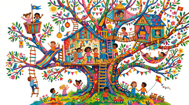 Children playing in a vibrant, colorful treehouse with slides and swings