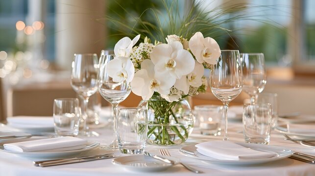 Fine dining table adorned with white orchid bouquet and glassware.