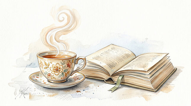 Cozy scene of a steaming cup of tea next to an open book