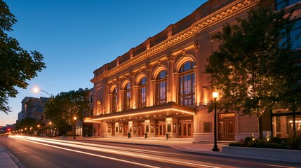 Fototapeta premium Evening view of historic theater with glowing lights.