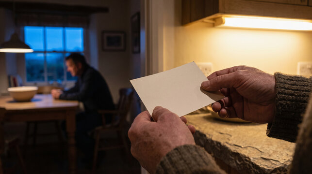Nervous hands clutch an empty apology note