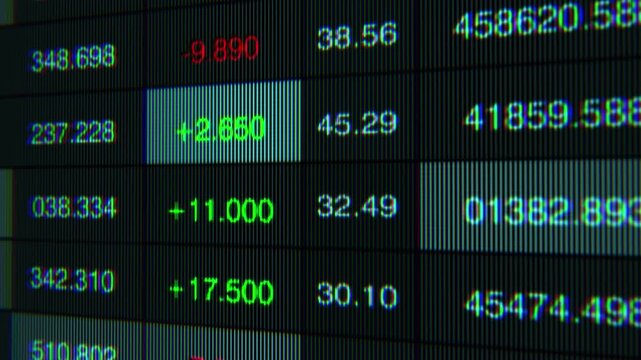 Dynamic Stock Market Display: A Close-Up of Real-Time Trading Data with Fluctuating Numbers Representing Market Performance and Stock Exchanges