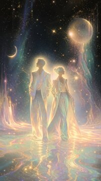 Ethereal couple in glowing attire, cosmic background. Ethereal glow, cosmic vibe, ethereal elegance.