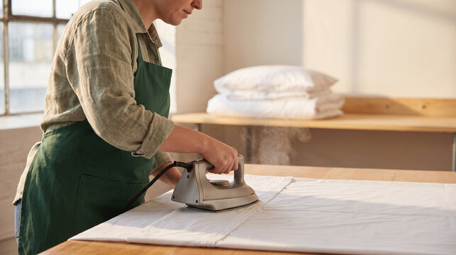 Laundry finisher readies mended linens for guest-ready service