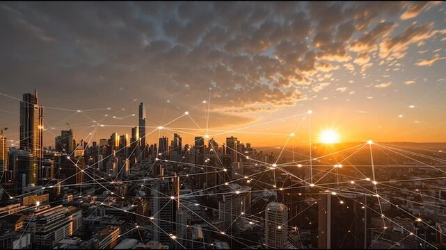 Smart digital city with connection cyber security network reciprocity over the twilight cityscape.future wireless digital city and social media networking systems that connects cloud social media 