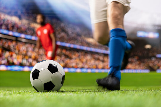 Soccer player controls the ball and accelerates in attack, using agile footwork and speed to beat defenders amid stadium action and motion blur on a competitive pitch during a football match.