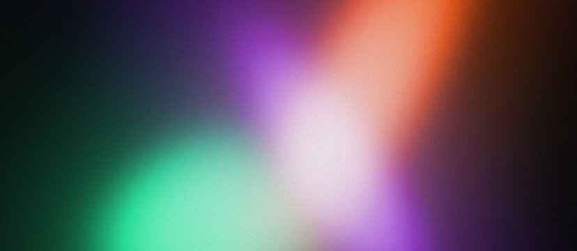 Beautiful abstract gradient noise background. Colorful blurred light leaks of green, purple, and orange on a dark backdrop. Modern grainy wallpaper template for web design header and UI projects