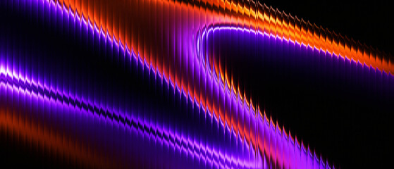 3D liquid metal background with violet and orange neon tech gradient and reeded glass wave distortion © Nadezhda