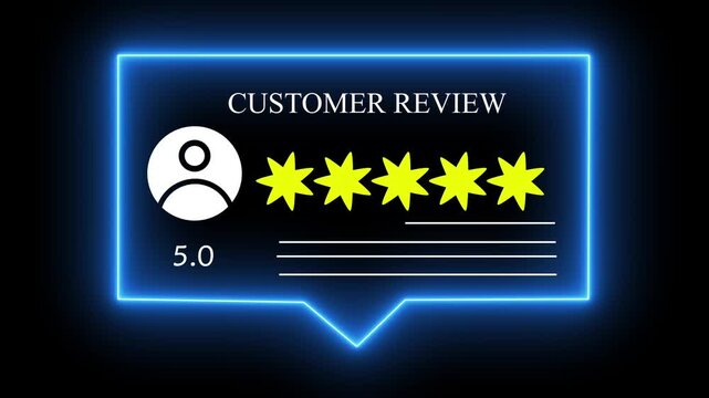 Glowing neon Rating 5 stars icon animation. animation customer review concept, character giving five star feedback on neon rectangle. animated customer satisfaction rating