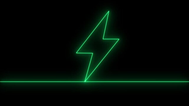Glowing neon lightning bolt itself with a single continuous line on a deep black background minimalist digital animation.