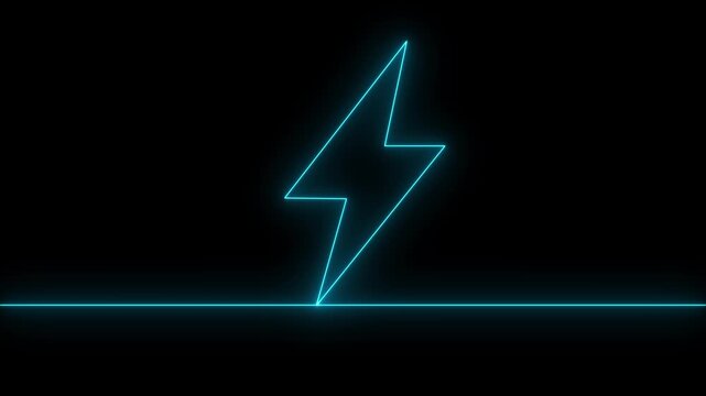 Glowing neon lightning bolt itself with a single continuous line on a deep black background minimalist digital animation.